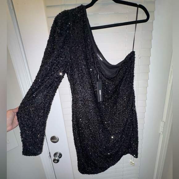 NWT Fashion Nova Black Sequin Asymmetrical Bodycon Dress - Picture 10 of 13